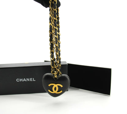 Chanel Vintage 91 Wooden Heart CC & Leather Chain Necklace