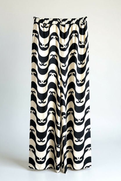 Iconic Chanel 21P CC Wave Black Ecru Silk Wide Leg Pants FR 42