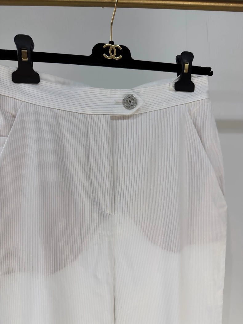 Chanel 20P White Striped Rhinestone Button Straight Leg Pants