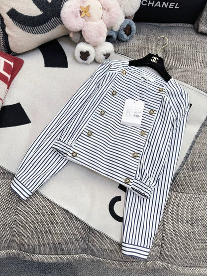Chanel 22S blue and white striped shirt top