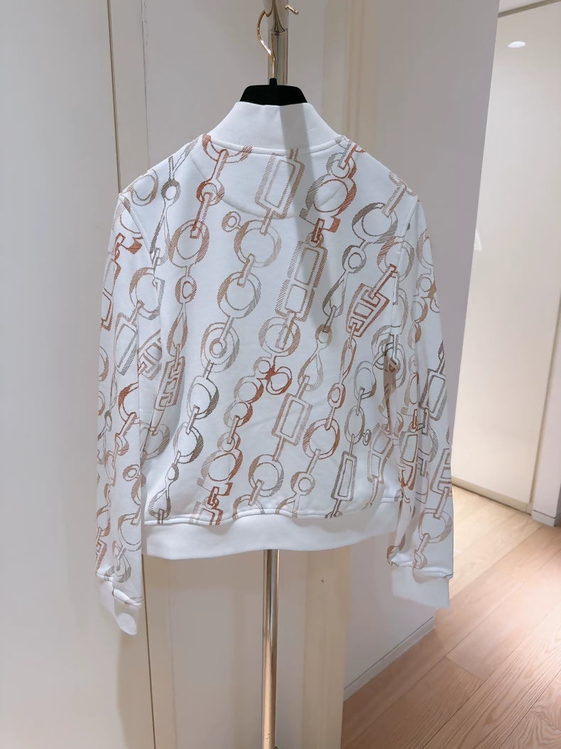 Hermes Swirling Rhythm White Print Baseball Jacket