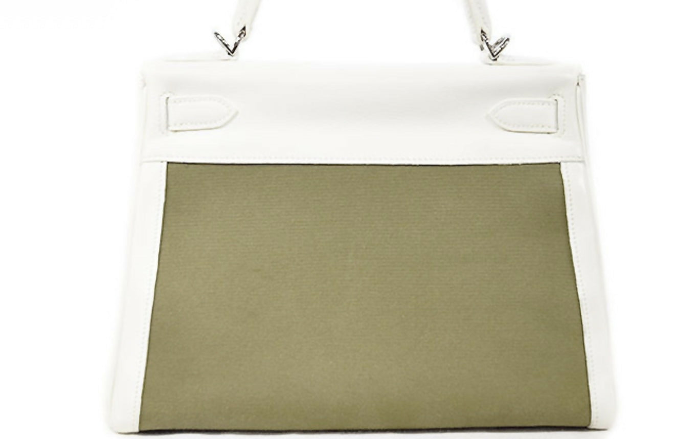 Hermes Kelly 28 white leather with green fabrics Phw