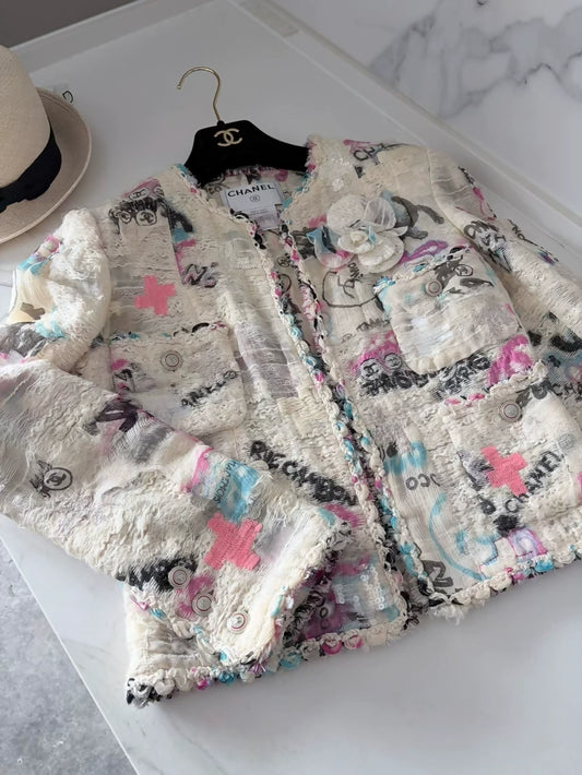 Chanel 2007 silk graffiti cardigan with brooch