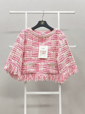 Chanel pink tweed fringed top