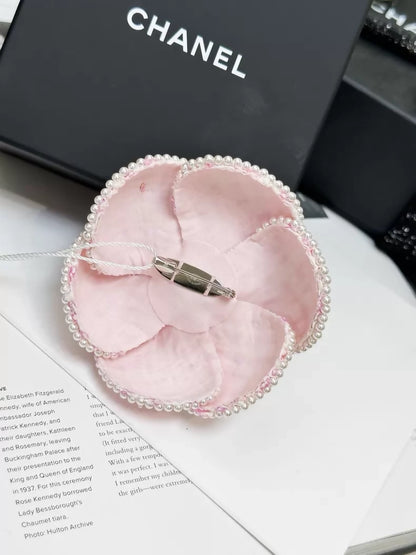 Chanel 25P pink tweed pearl camellia brooch