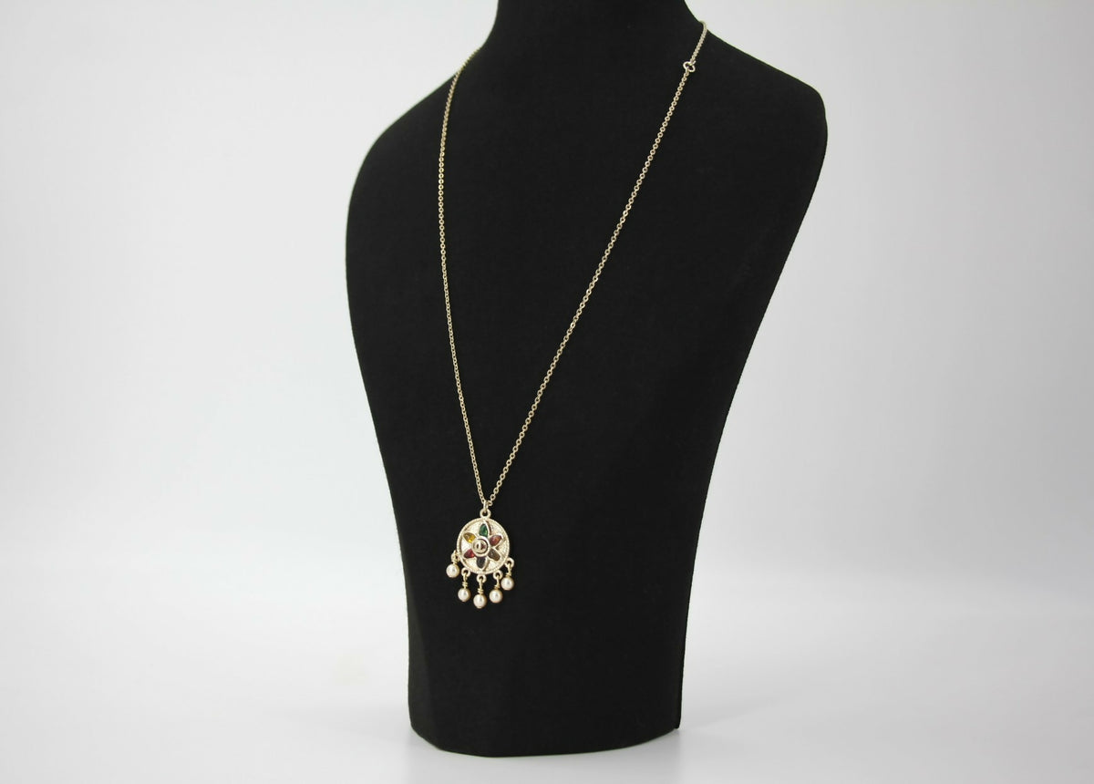 Chanel Vintage 07P Gripoix Red, Green and Yellow Gemstone Pendant Necklace