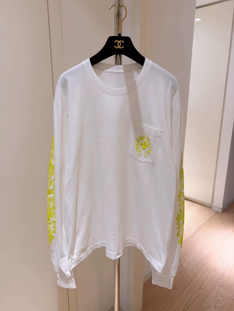Chrome Heart White Fluorescent Green Gothic Letter Print Long-Sleeve T-Shirt