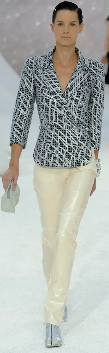 Chanel 12P Double Breasted Silver Metallic Graffiti Black Removable Pearls Jacket FR 36