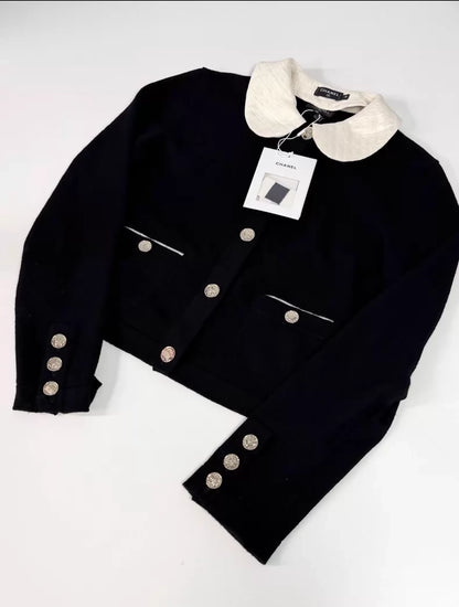 Chanel 25B white Collar Black Cashmere Cardigan
