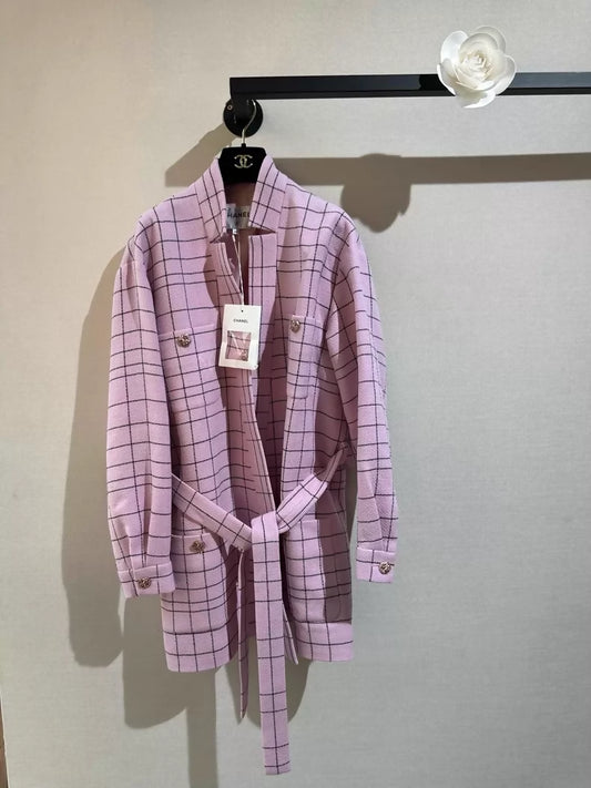 Chanel 24s pink plaid belted coat
