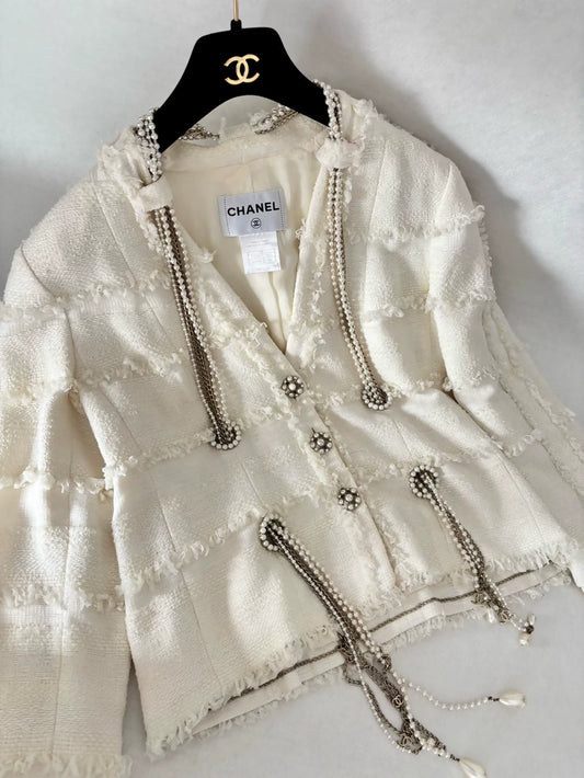 Chanel 08P ecru pearl chain tweed jacket