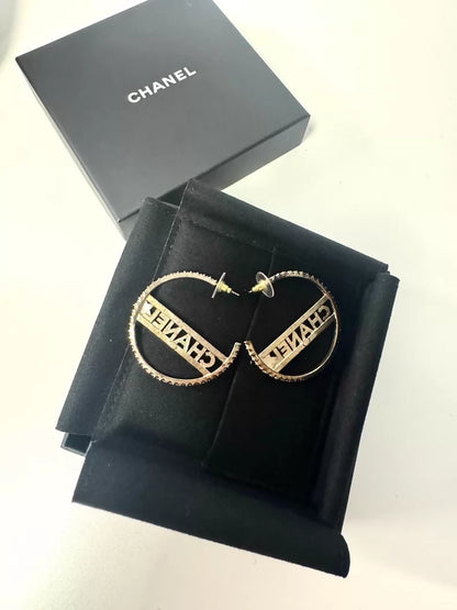 Chanel 22S Light Gold Letter Large Rhinestone Hoop Earrings