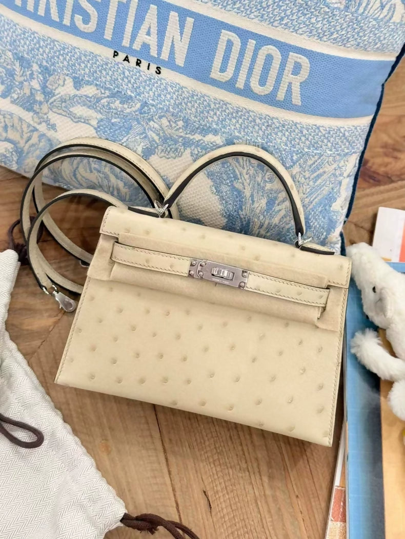 Hermes Mini Kelly 3C Wool White ostrich leather palladium hardware