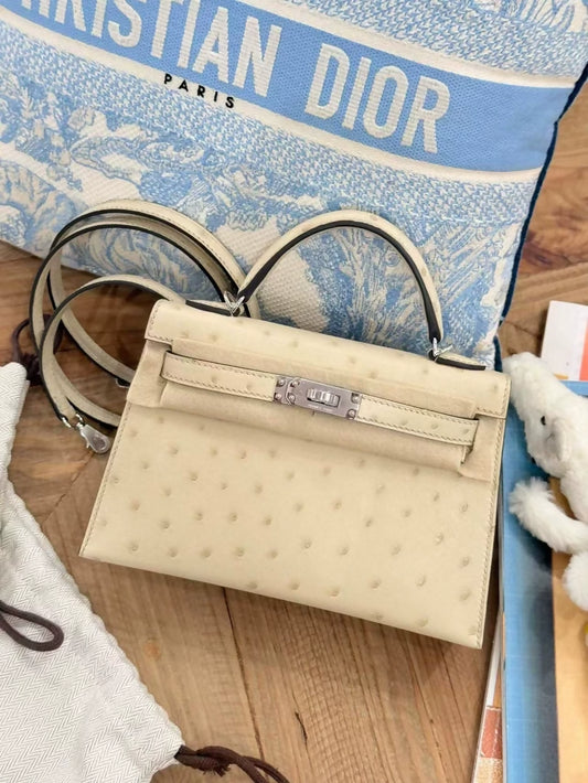 Hermes Mini Kelly 3C Wool White ostrich leather palladium hardware