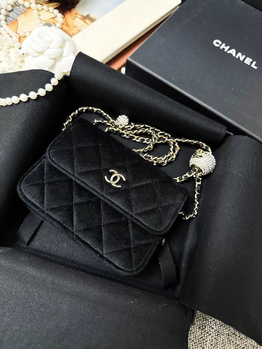 Chanel 20A Black Velvet Crossbody Bag with Gold Chain