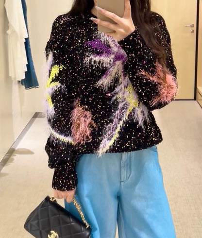 Chanel 24c colorful ostrich feather sequined knit top