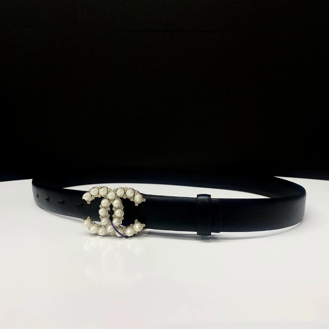 Chanel 22A rhinestone pearl double C black belt