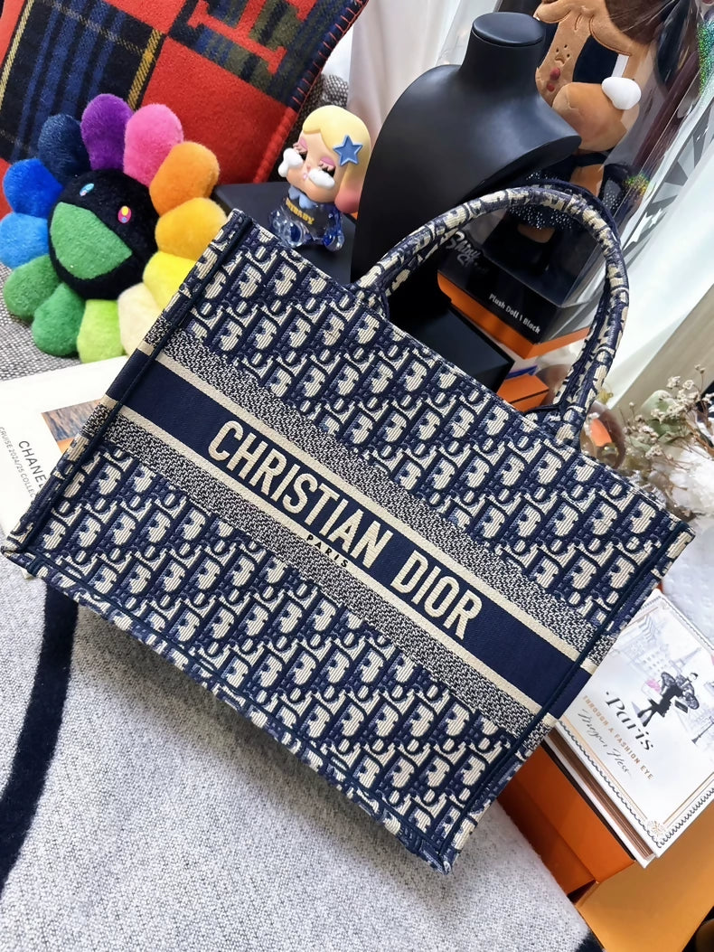Dior Book Tote bag with blue monogram logo embroidery