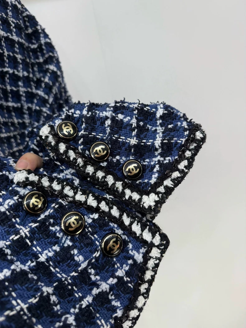 Chanel 23P blue and white checked tweed jacket