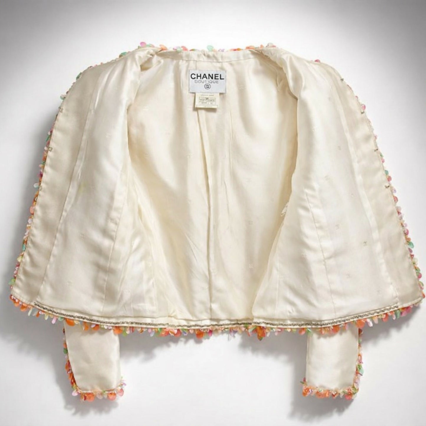 Vintage Chanel 96P Barbie Ivory Shantung Silk Sequin Beaded Pallets Jacket FR 42