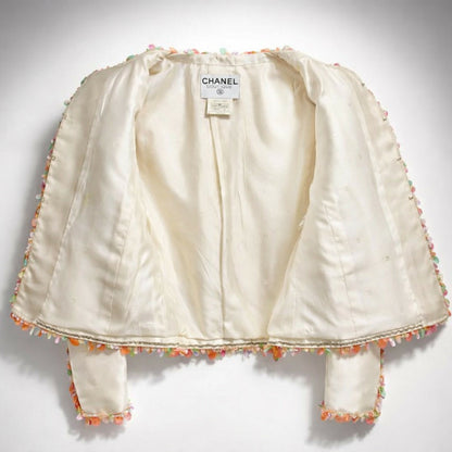 Vintage Chanel 96P Barbie Ivory Shantung Silk Sequin Beaded Pallets Jacket FR 42
