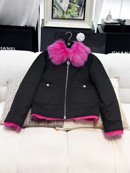 Chanel 23N Fuchsia Pink & Black Shearling jacket