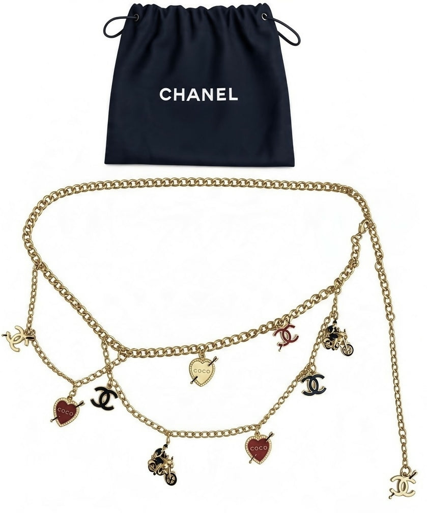 Chanel 10P Coco Hearts Motorcycle Charms Chain Link Necklace/Belt Gold hardware