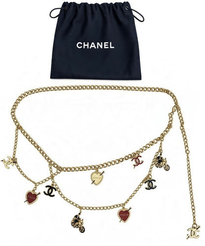 Chanel 10P Coco Hearts Motorcycle Charms Chain Link Necklace/Belt Gold hardware