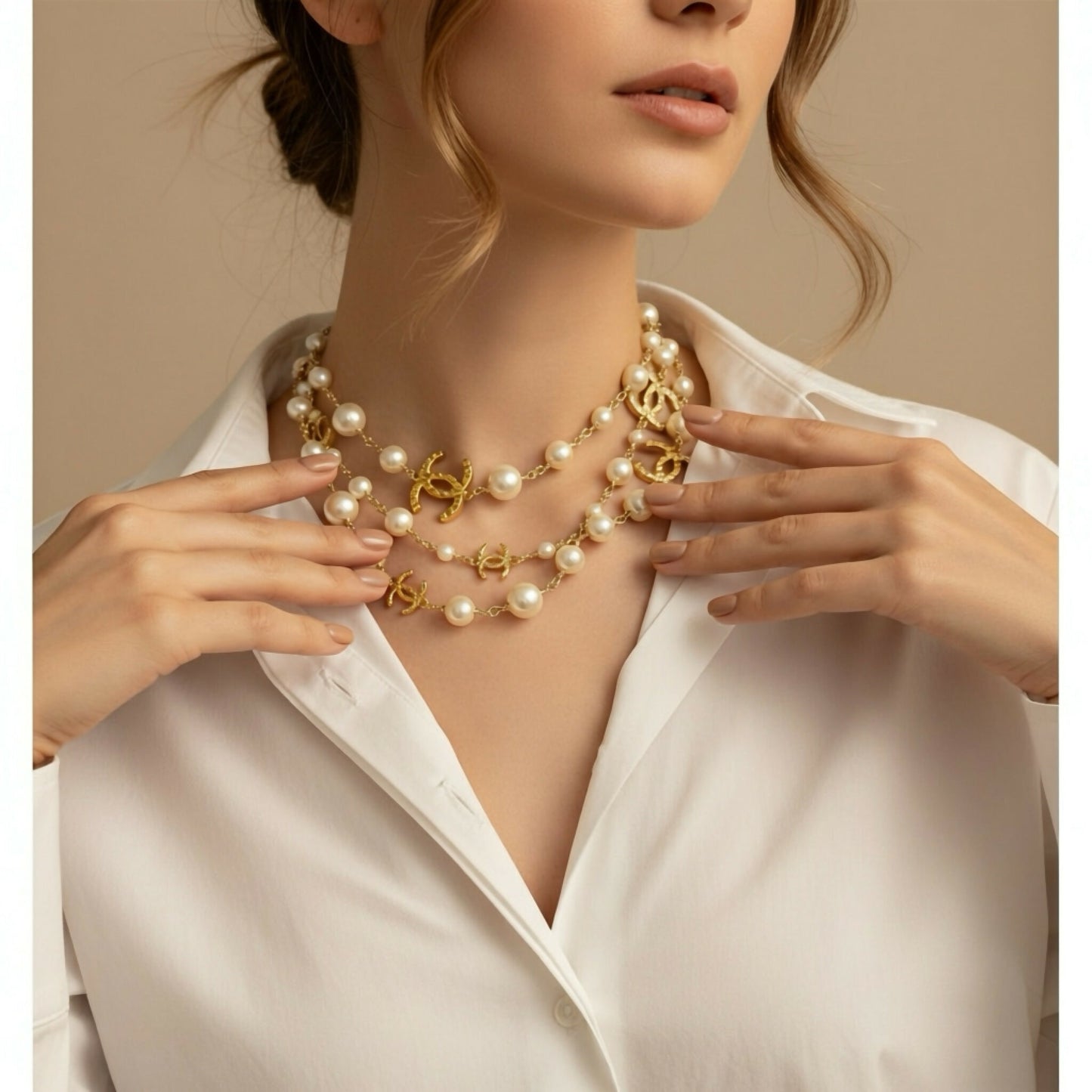 Chanel 10A Shanghai Extra Long 8 CC Logo Pearl Gold Strand Necklace