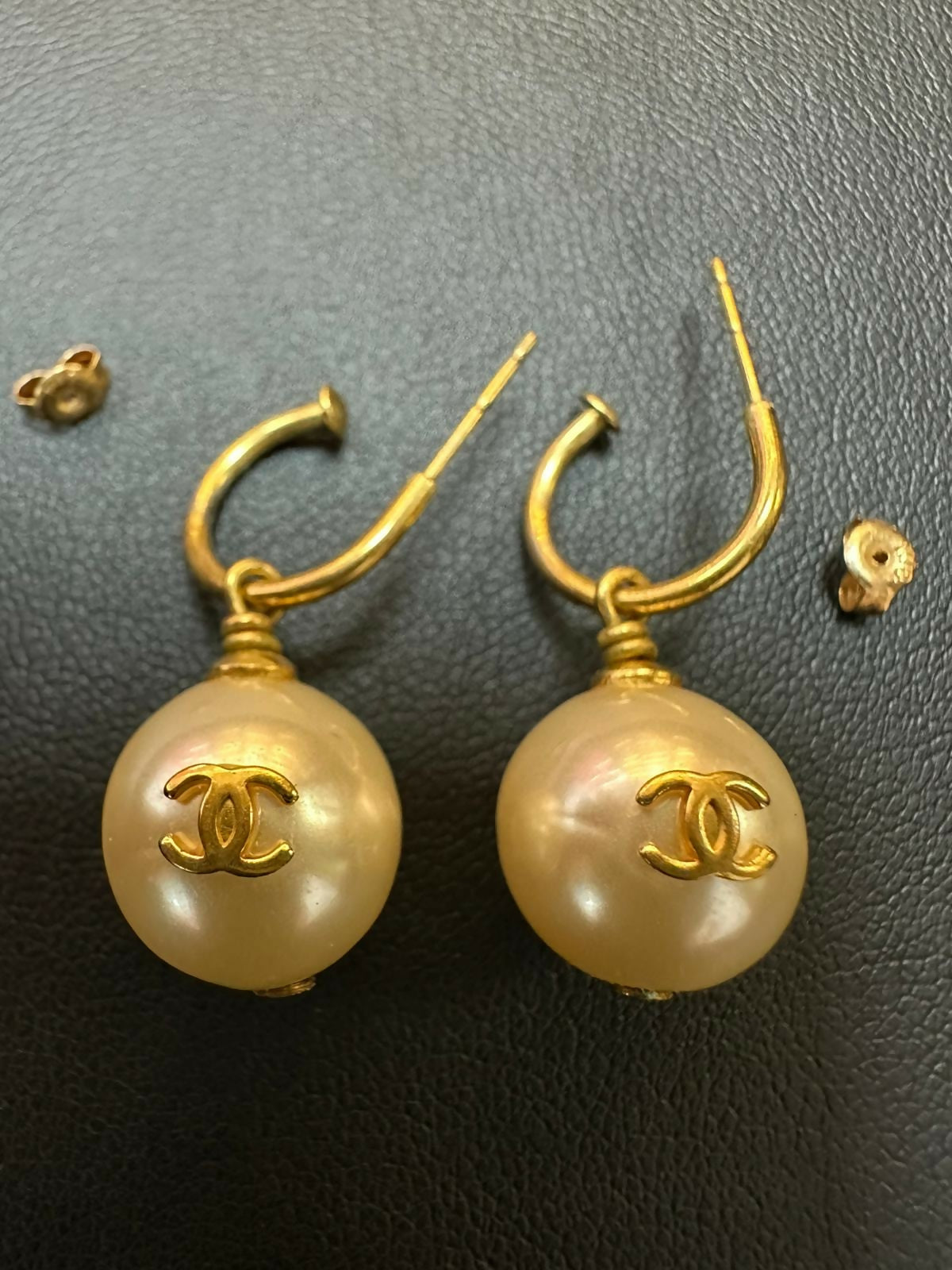 Chanel Vintage 2002 Imitation Pearl CC White Dangle Hoop Stud Earrings