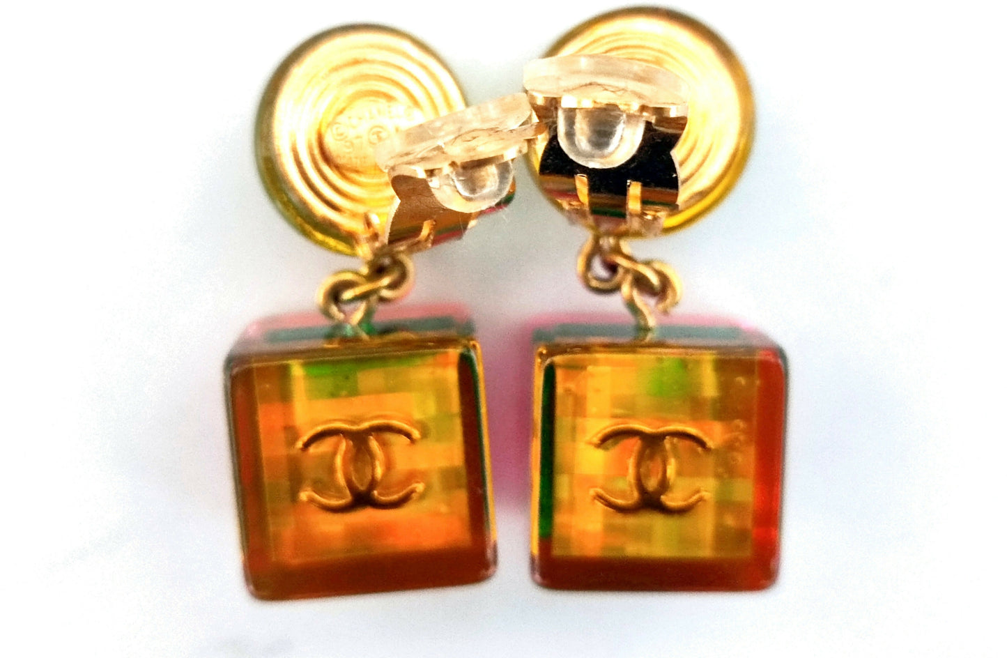 Chanel Vintage 97P Acrylic Iridescent Cube No.5 Clip-on Earrings
