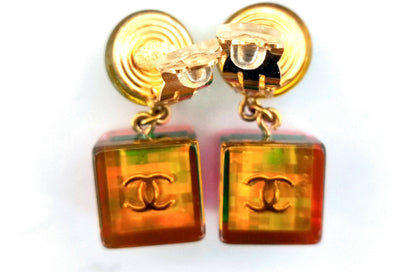Chanel Vintage 97P Acrylic Iridescent Cube No.5 Clip-on Earrings