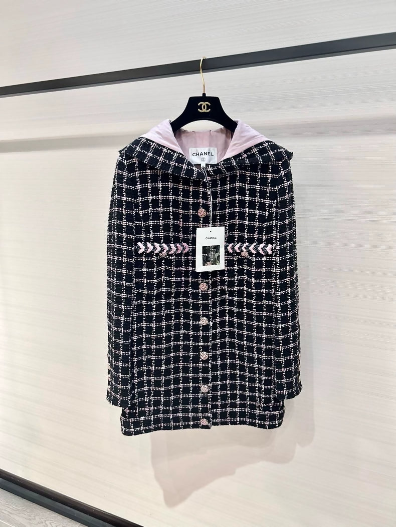 Chanel 24S tweed black and pink plaid jacket