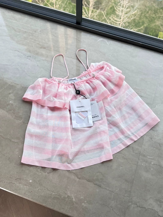 Chanel 24s Pink Striped Ruffle top