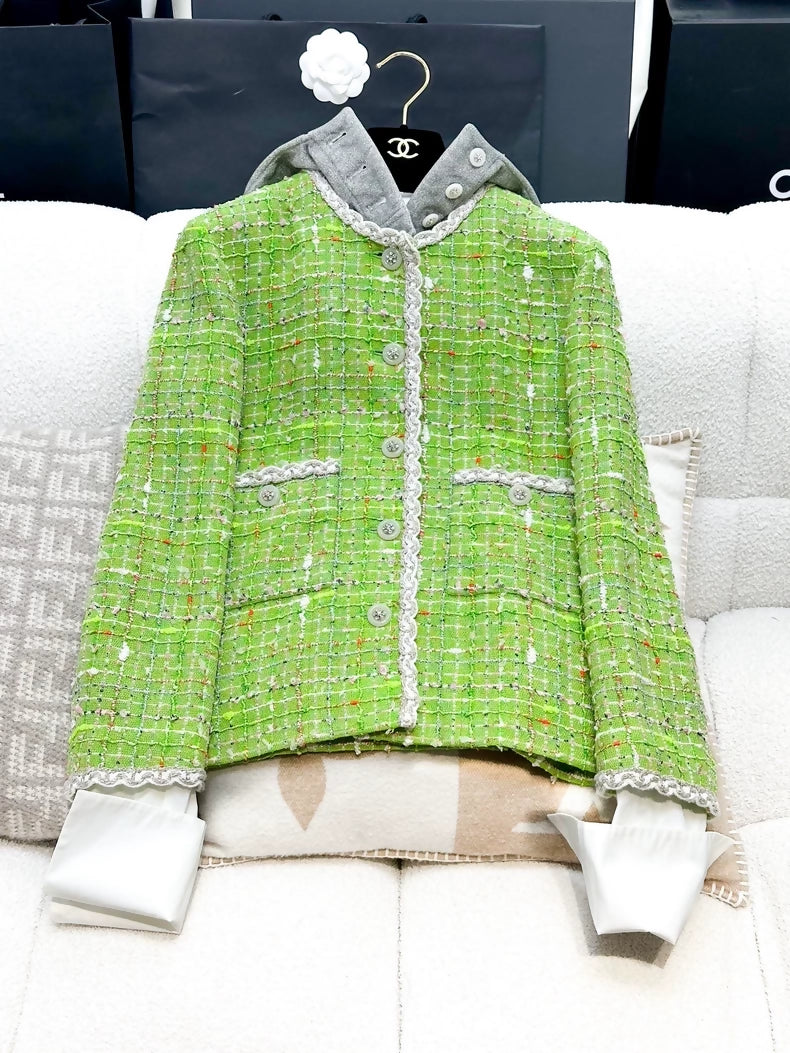 Chanel 25C hooded Green tweed jacket