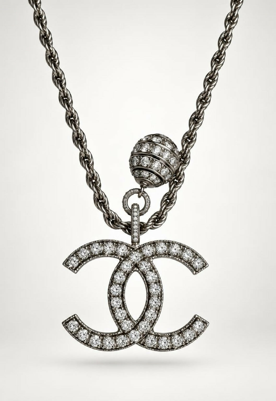 Chanel 08A Paris-London Extra Long Silver Rope Crystal CC Pendant Necklace