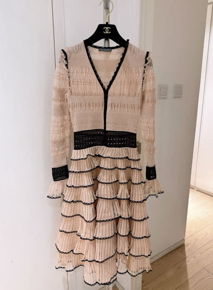 mcqueen ottoman knit lace inset dress MCQUEEN Buttoned Ottoman Knit Midi Dress