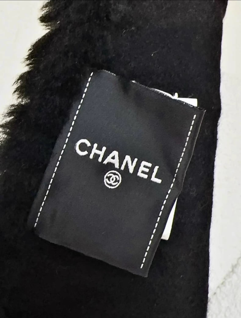 Chanel 22B Black and White Fur Scarf with Double C Logo
