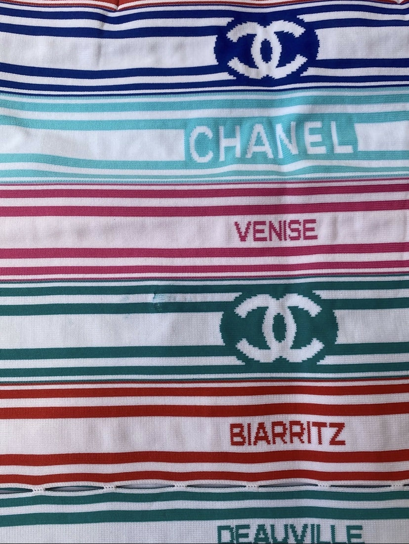 Chanel 19P Sand by the Sea Multicolor Stripe Crop Top Skirt Set FR 36