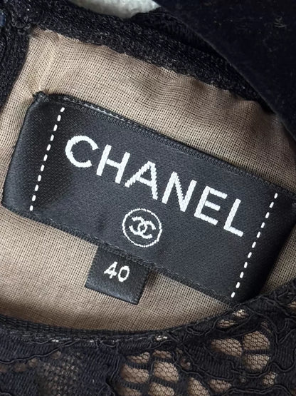 Chanel 25B black lace crochet logo embroidered long dress
