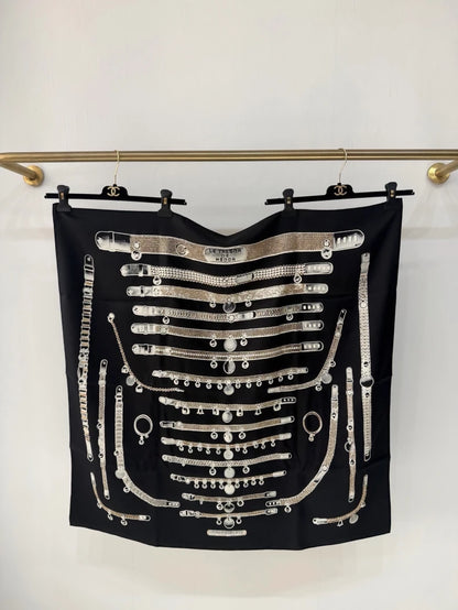 Limited edition Hermes scarf, 90×90cm, hand-embroidered with beading and sequins, silver chain embroidery design