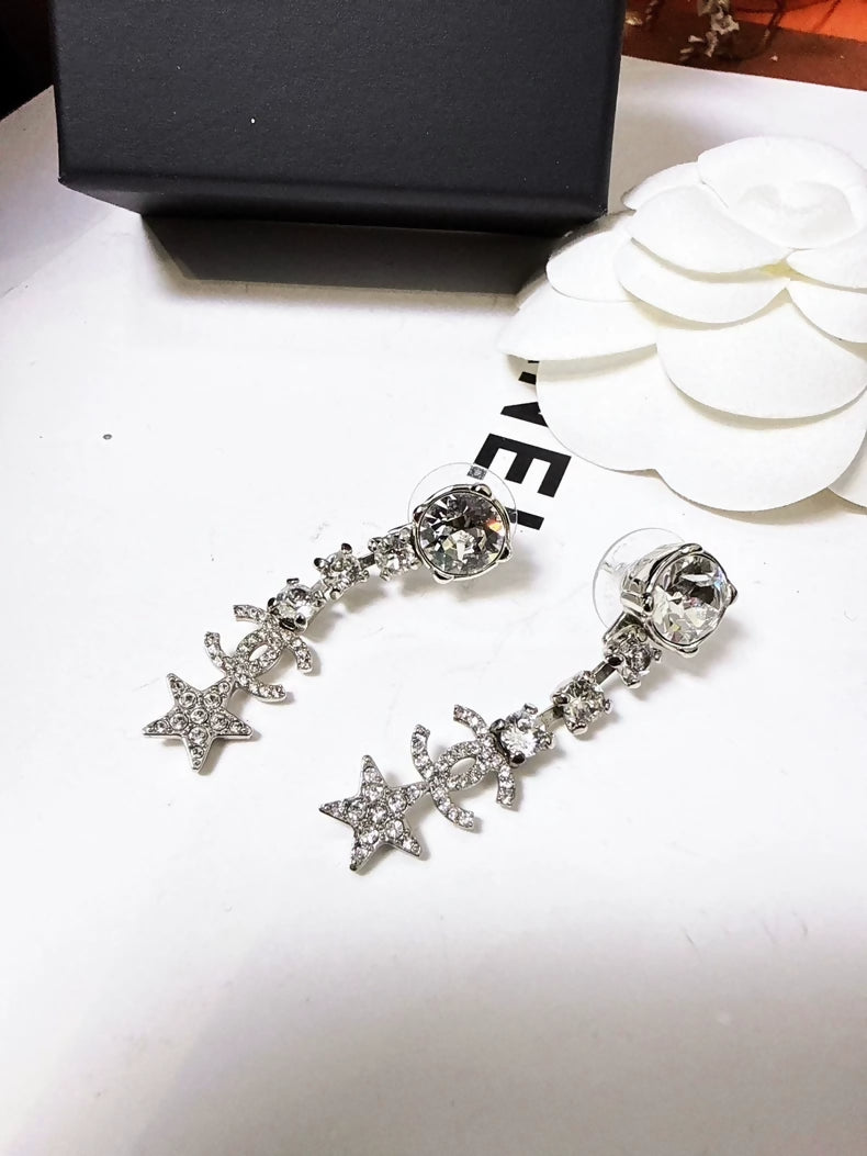 Chanel Spring/Summer 2020 Silver Double C Star Full Diamond Earrings