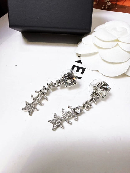 Chanel Spring/Summer 2020 Silver Double C Star Full Diamond Earrings