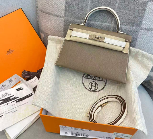 Hermes mini kelly 20 etoupe and crape Chevre Permabrass hardware