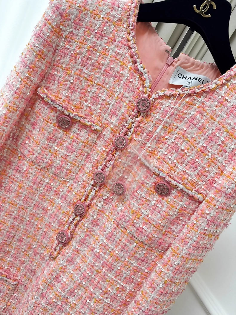 Chanel 19C pink and white sequined dress with orange plaid woven pattern