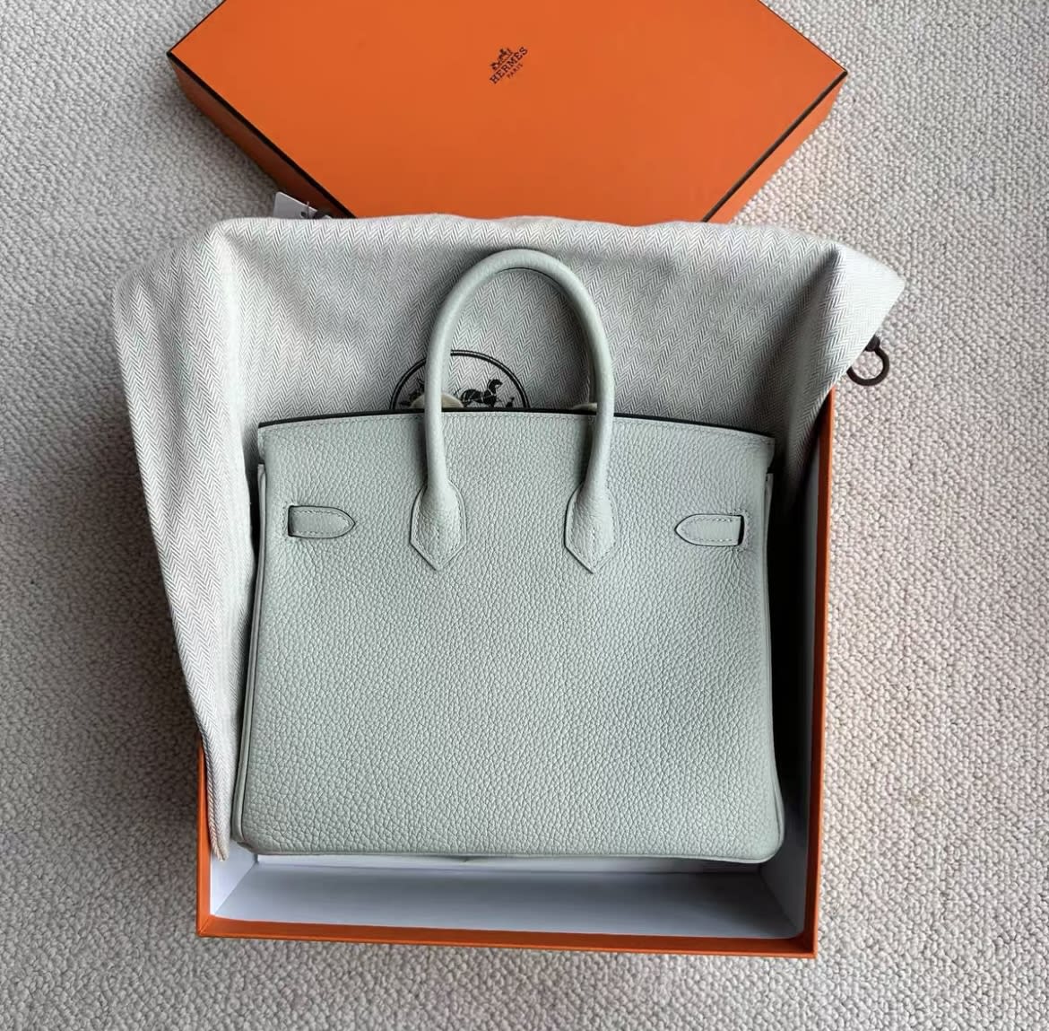 Hermes birkin 25 ice crystal gray gold hardware togo leather B engraved