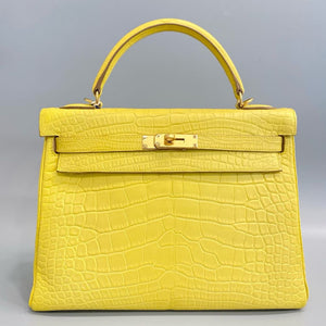 Hermes Kelly 28 mimosa matte alligator leather gold hardware