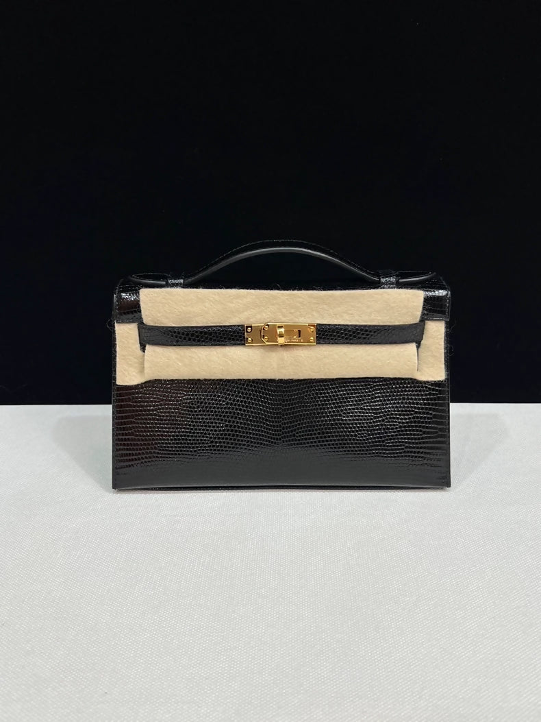 Hermes Kelly Pochette Black Lizard leather gold hardware