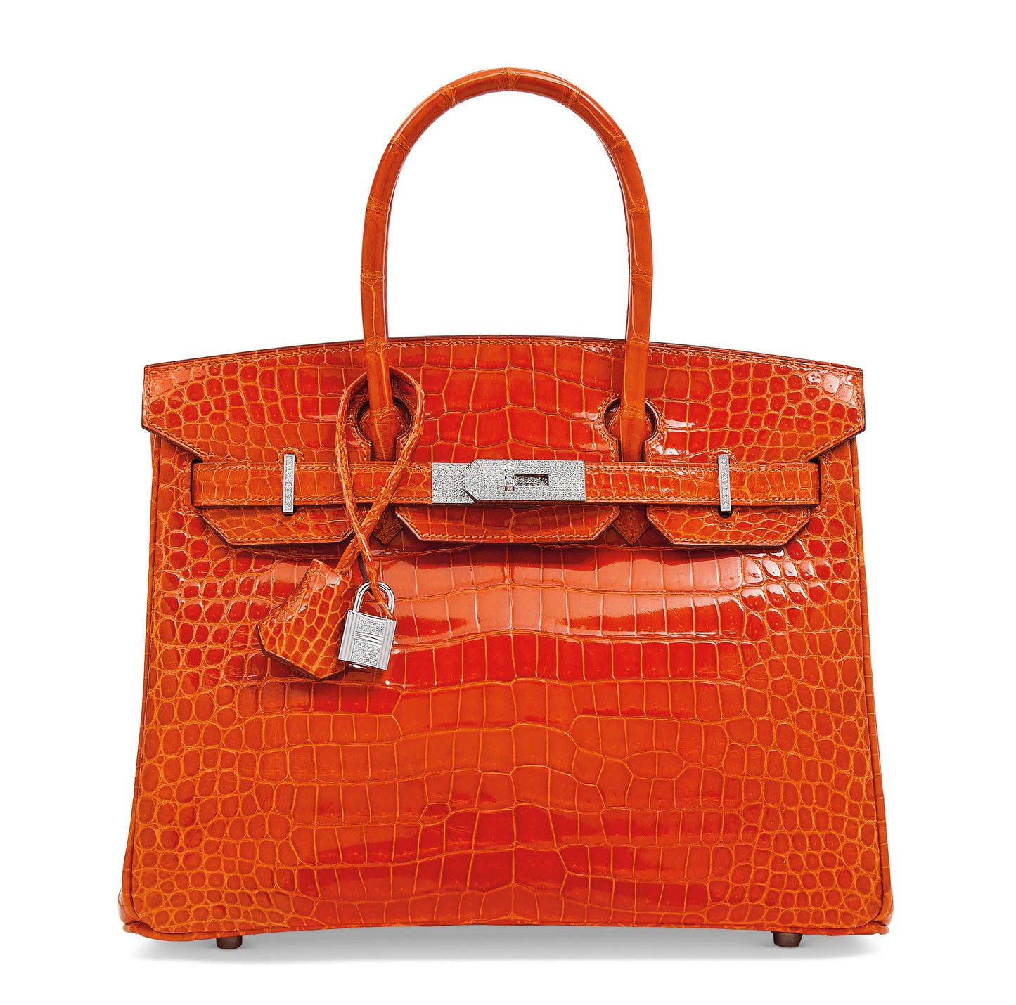 Hermes Birkin 30 Orange Shiny Porosus crocodile leather White gold Diamond hadaware