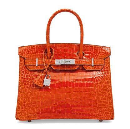Hermes Birkin 30 Orange Shiny Porosus crocodile leather White gold Diamond hadaware